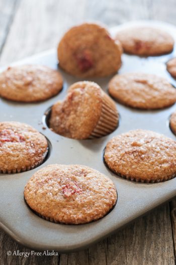 Gluten-Free Dairy-Free Rhubarb Muffins with a crunchy Cinnamon Sugar Topping.