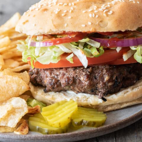 side angle of gray plate with 3 pickle slices, potato chips and gluten-free hamburger complete with toppings