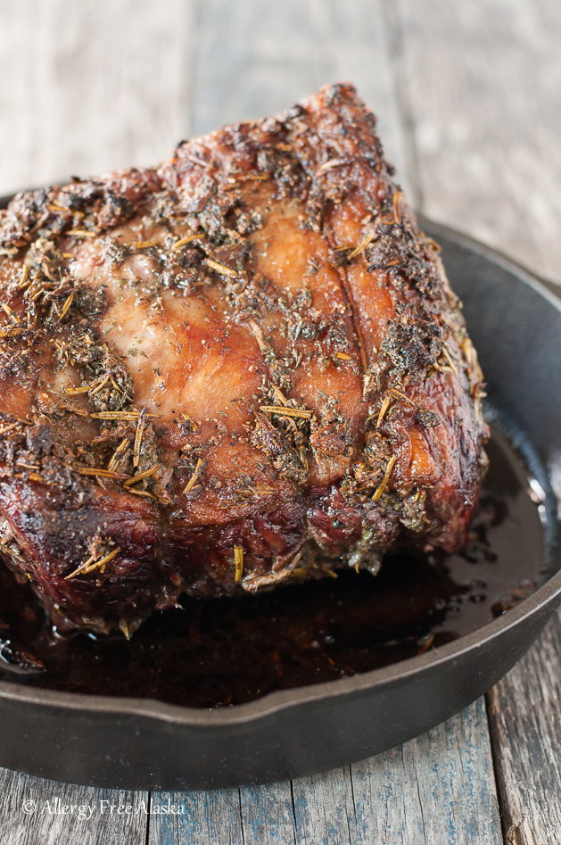 close up of cooked garlic & herb crusted bottom round roast beef