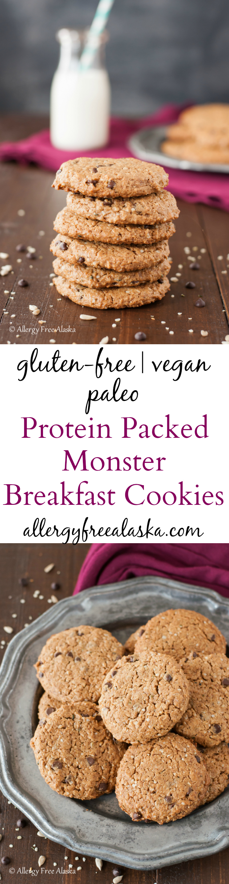 Protein Packed Monster Breakfast Cookies Recipe from Allergy Free Alaska. Gluten-free, Paleo, vegan & nut-free. 