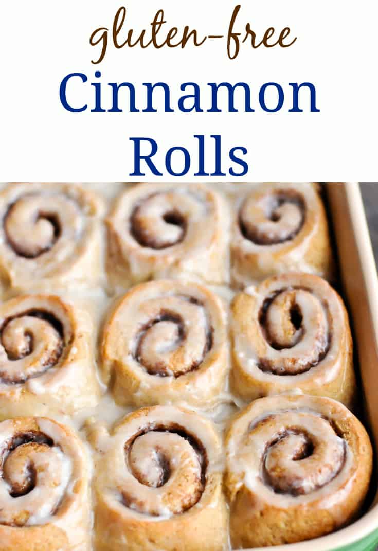 Pinterest collage with gluten-free cinnamon rolls text plus picture of cinnamon rolls in pan