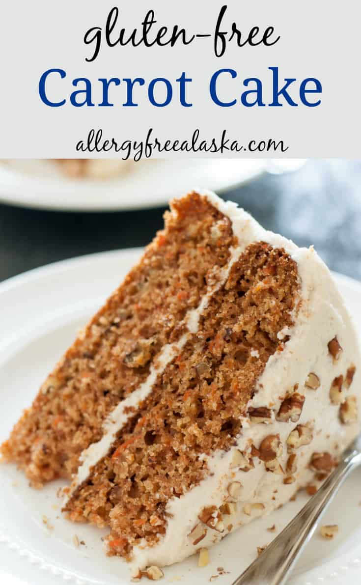 picture of a slice of gluten-free carrot cake with text saying "gluten-free carrot cake" and "allergyfreealaska.com"