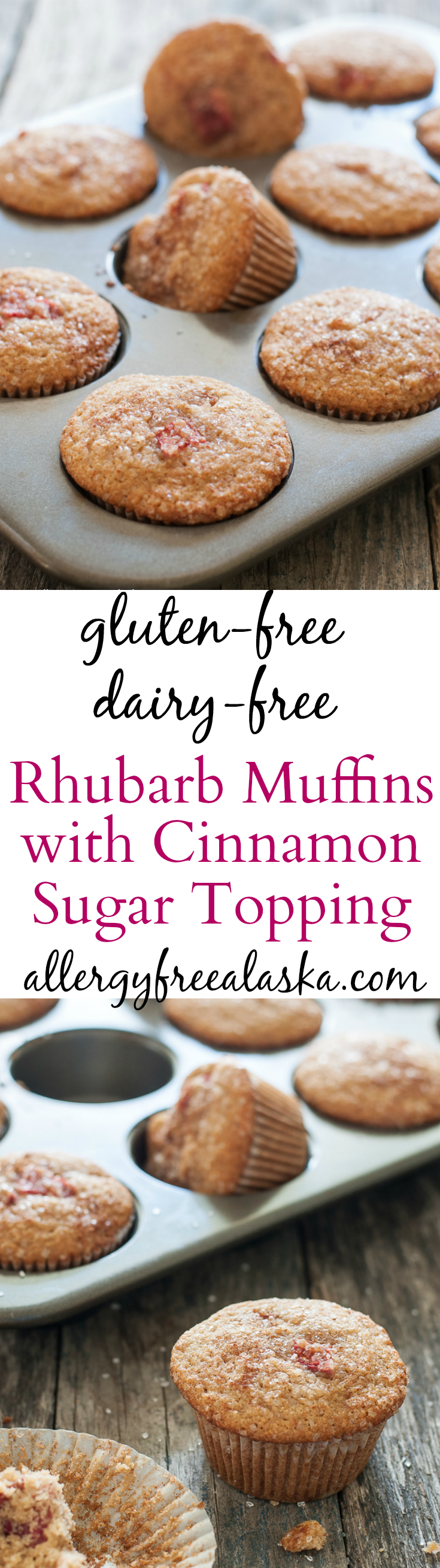 Gluten-Free Dairy-Free Rhubarb Muffins with a crunchy Cinnamon Sugar Topping. 