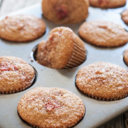 Gluten-Free Dairy-Free Rhubarb Muffins with a crunchy Cinnamon Sugar Topping.