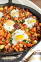 a sweet potato breakfast hash in a cast iron skillet