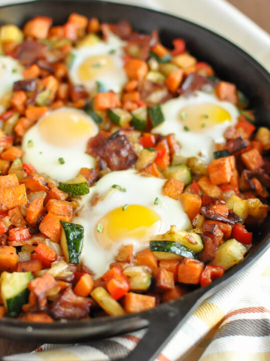 SCRAMBLED EGGS w SWEET POTATO HASH + BACON