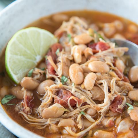 close up at angle Instant Pot White Bean Chicken Chili in Bowl