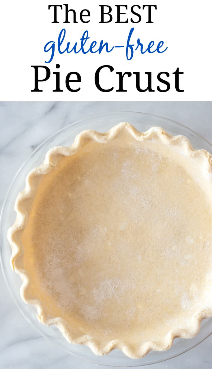 pinterest pin with raw gluten free pie crust in pie plate on marble background. Text says "the best gluten free pie crust"