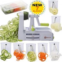 Brieftons 7-Blade Spiralizer: Strongest-and-Heaviest Duty Vegetable Spiral Slicer, Best Veggie Pasta Spaghetti Maker for Low Carb/Paleo/Gluten-Free, With Container, Lid, Blade Caddy & 4 Recipe Ebooks