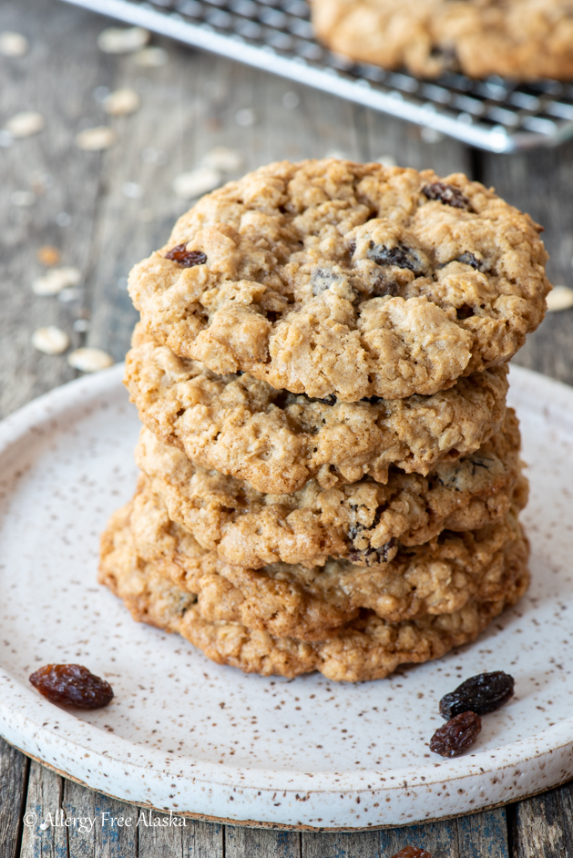 close up gluten free chocolate chip cookies stacked in single pile on plate