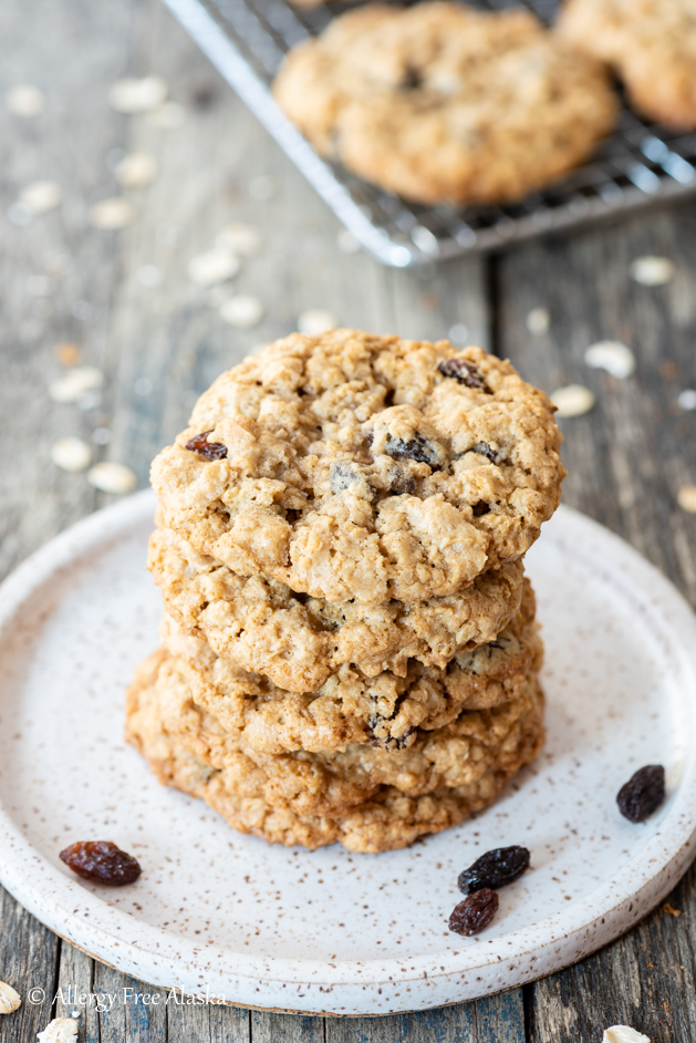 gluten free oatmeal cookies stacked in single pile on plate