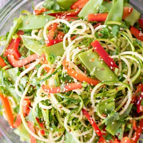 overhead shot of sesame zucchini noodles salad