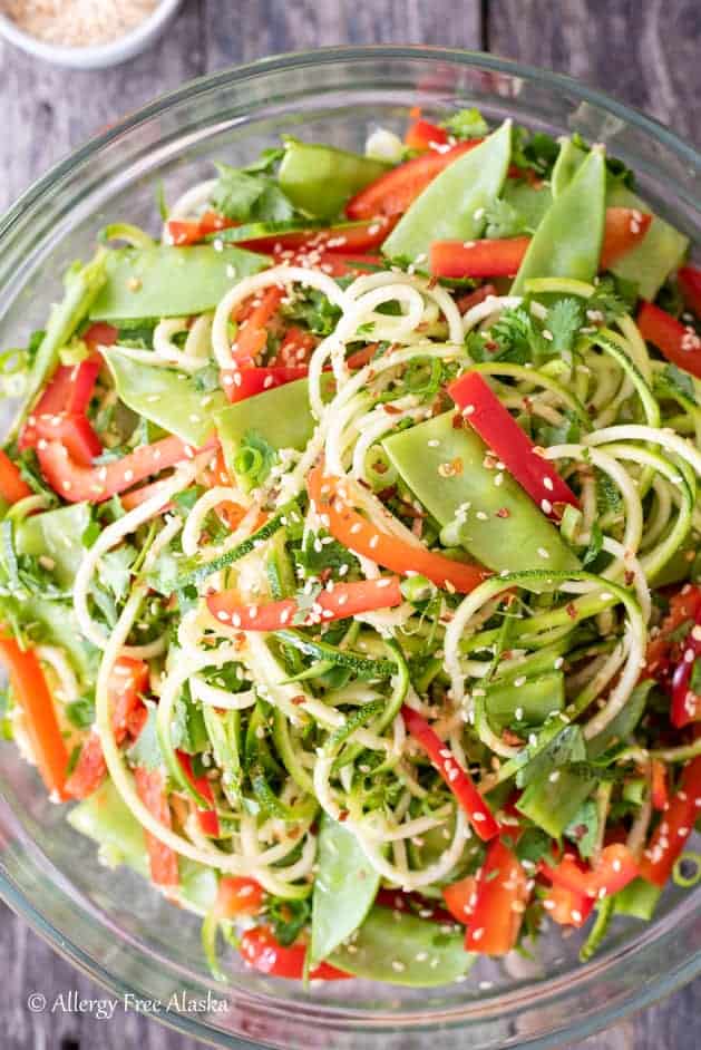 overhead shot of sesame zucchini noodles salad