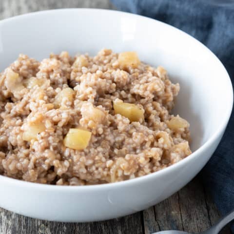 white bowl filled with gluten free steel cut oats, sitting on gray wooden background with a spoon and blue napkin to the side