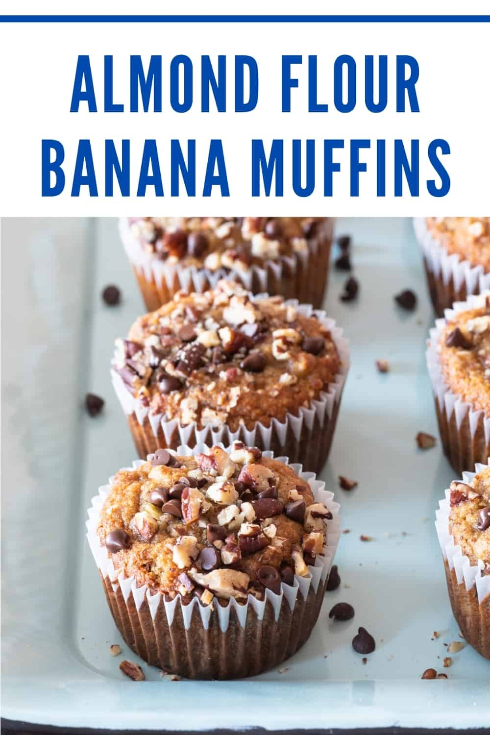 pinterest collage with text "almond flour banana muffins" and picture of almond flour banana muffins sitting on blue metal platter