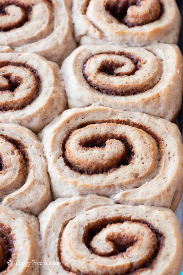 top down view of baked gluten free cinnamon rolls