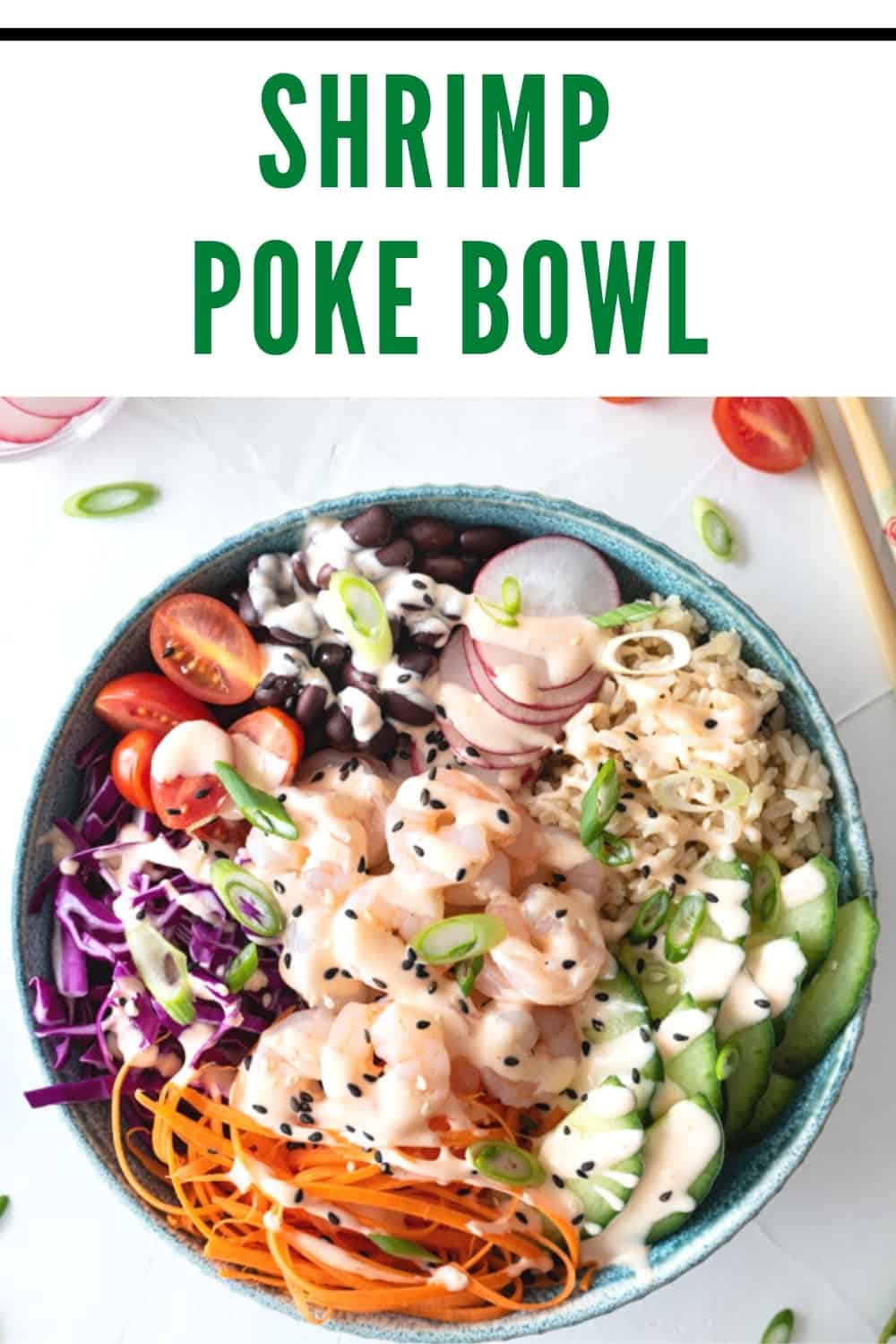 pinterest pin collage with picture of shrimp poke bowl and "shrimp poke bowl" text