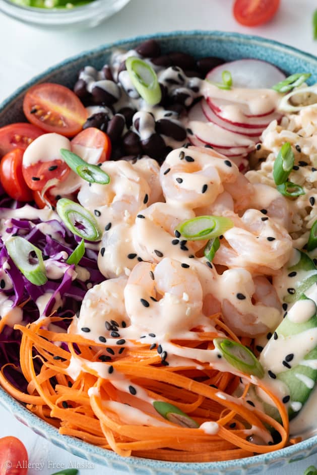 close up of homemade shrimp poke bowl