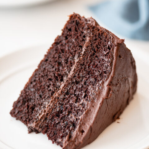 at different angle: Slice of chocolate cake sitting on white plate, blue napkin in background