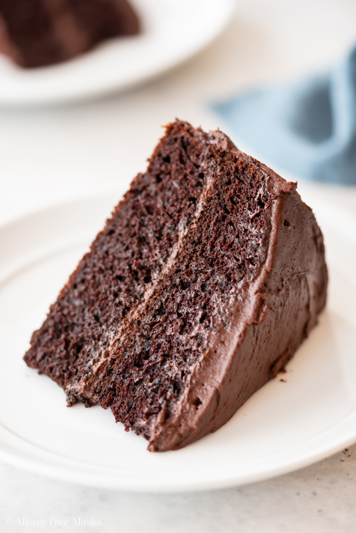 at different angle: Slice of chocolate cake sitting on white plate, blue napkin in background