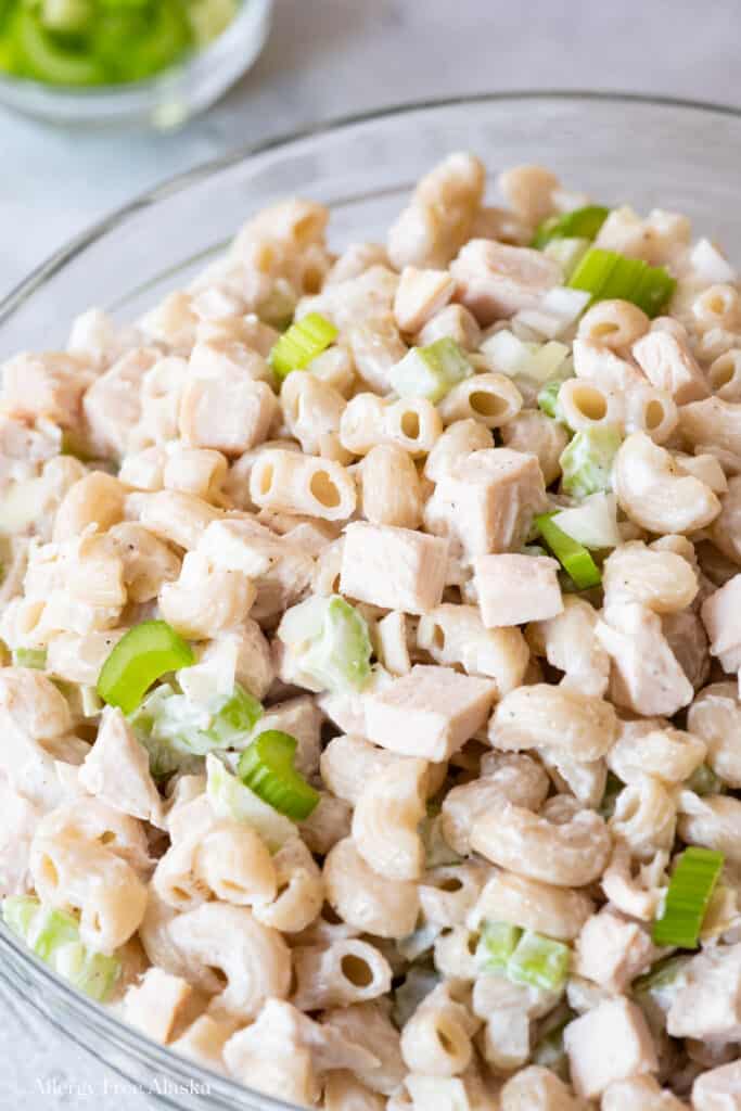 close up of gluten free macaroni salad